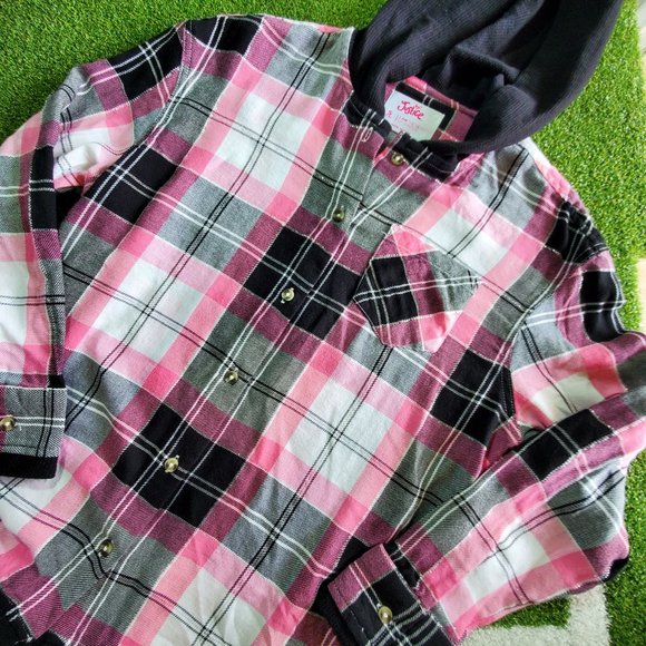 NWT: JUSTICE Pink Black Long Sleeve Button Hooded Waffle Trim Top, Small - Picture 10 of 10